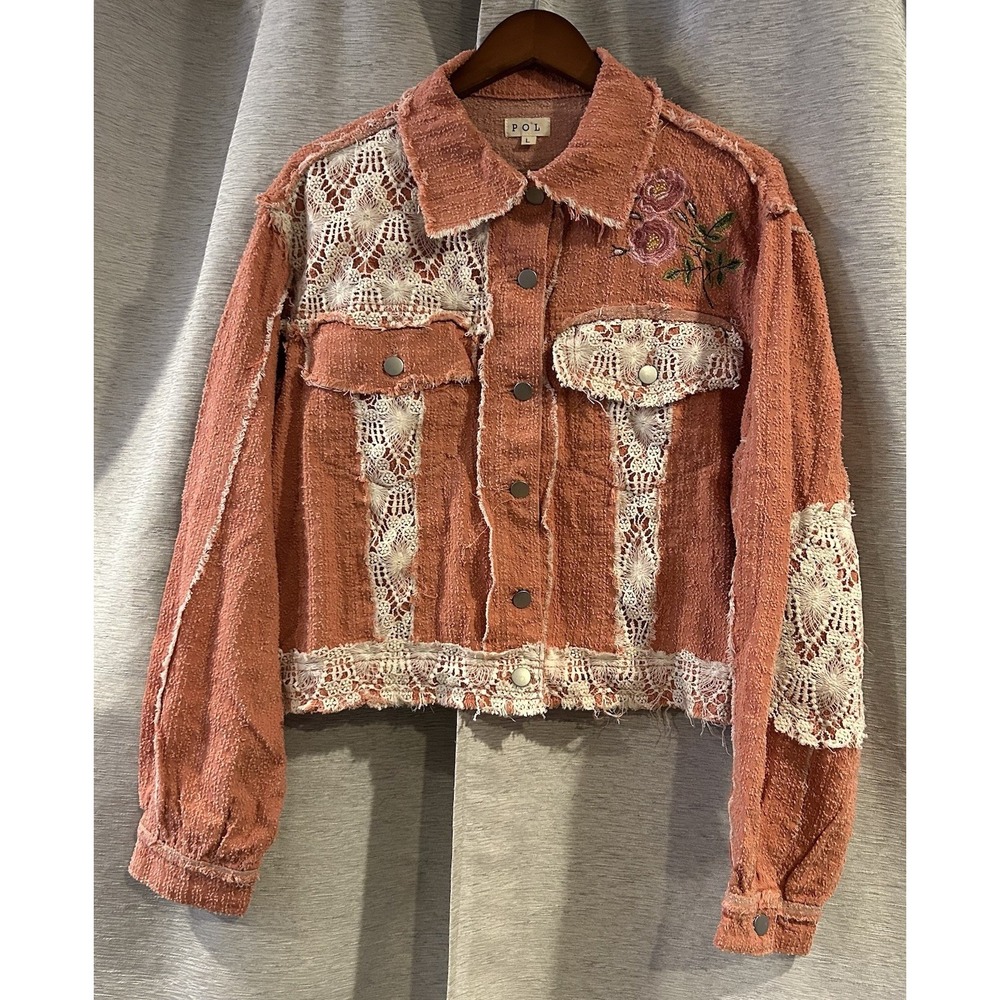 POL Crop Embroidered/Lace/2‎ Flap Pckts Jacket Boho Size Large - Picture 2 of 6